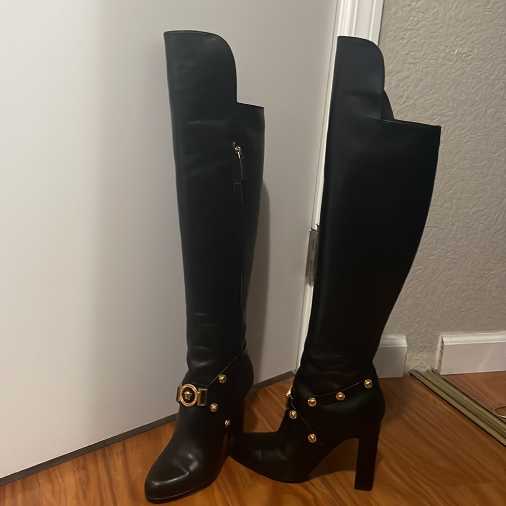 Versace over knee boots with baroque x straps